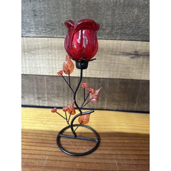 Red Glass Flower Tealight Candle Holder 9” Tall - Picture 3 of 5